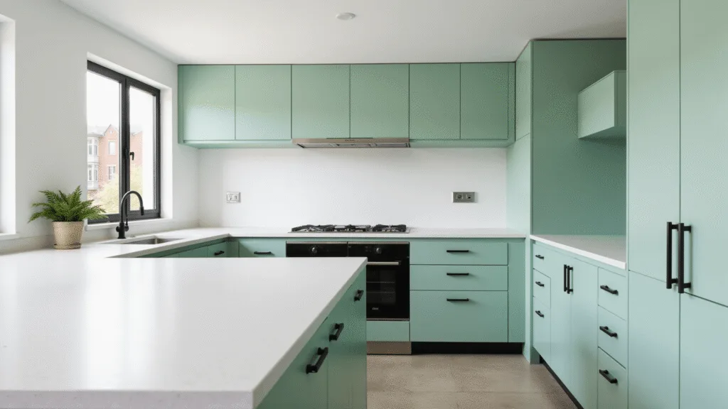 "Sunlit modern mint green kitchen with white quartz countertops, black hardware, and uncluttered surfaces in 4K quality"