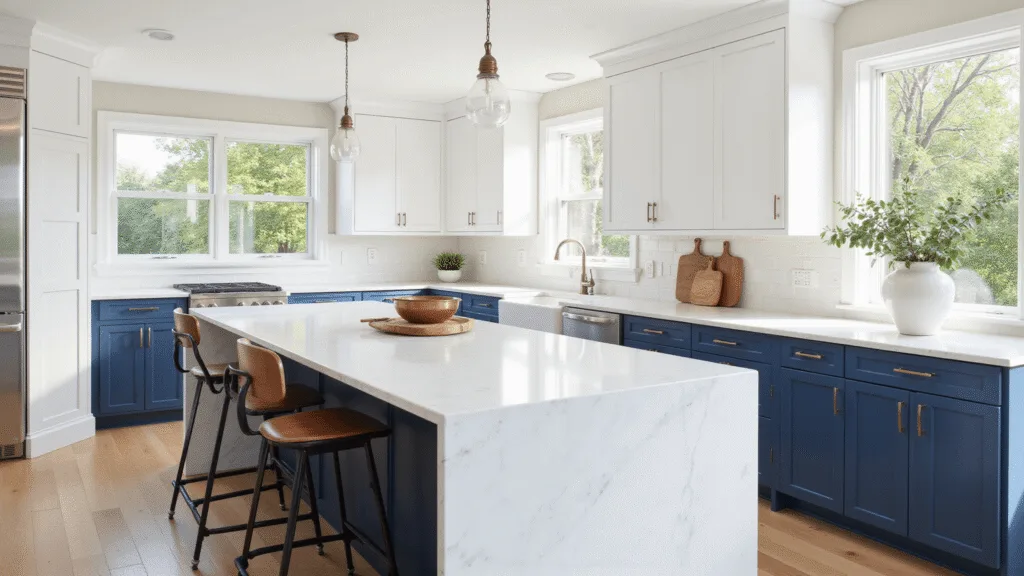 "Modern kitchen with navy blue lower cabinets and white upper cabinets, featuring a quartz waterfall island and morning sunlight"
