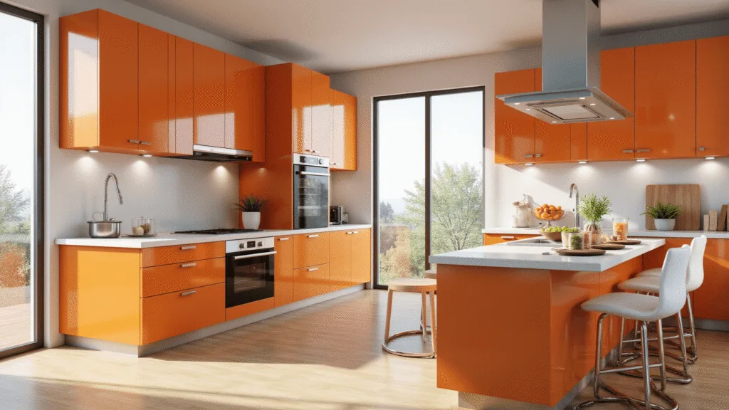 "Modern kitchen with glossy orange cabinets, white quartz countertops, bamboo floors, and stainless steel appliances illuminated by natural sunlight"