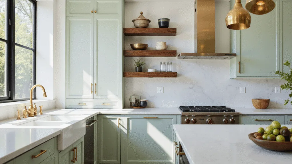 "Modern kitchen with sage green cabinets, white quartz countertops, brass lights, walnut shelves, and marble backsplash lit by natural light"