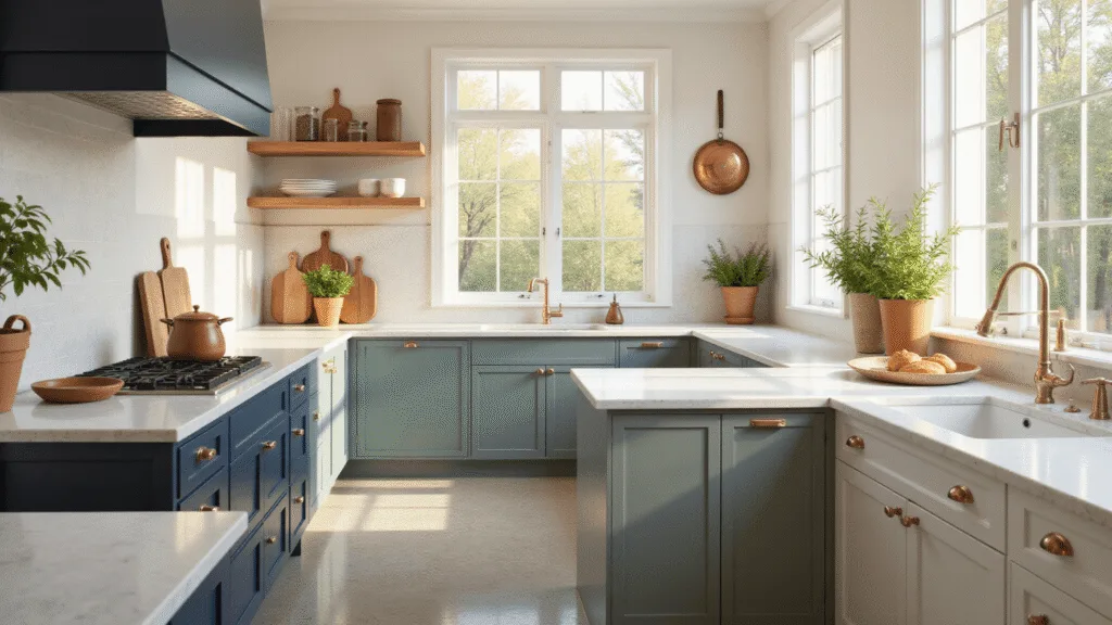 "Sunlit modern kitchen with colorful cabinets, marble countertops, and copper accents"