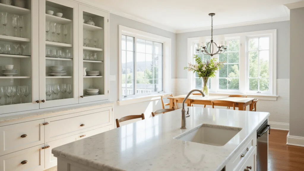 "Modern kitchen with white shaker-style glass cabinets, marble countertops, and sunlit oak floors"