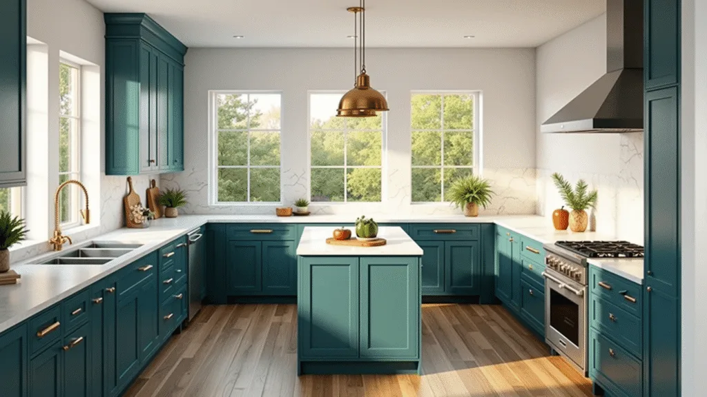 "Contemporary kitchen with teal cabinets, white Carrara marble countertops, natural wood flooring, and morning sunlight streaming through large windows"