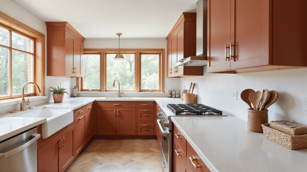 "Modern shaker style terracotta kitchen cabinets with white quartz countertops, brass hardware, natural sunlight streaming through windows, herringbone oak floors creating warm earthy tones."