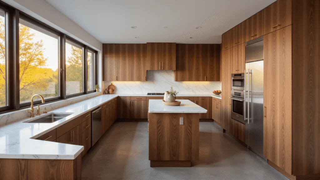 "Modern luxurious kitchen with walnut cabinets, marble countertops, brass hardware and golden hour sunlight"