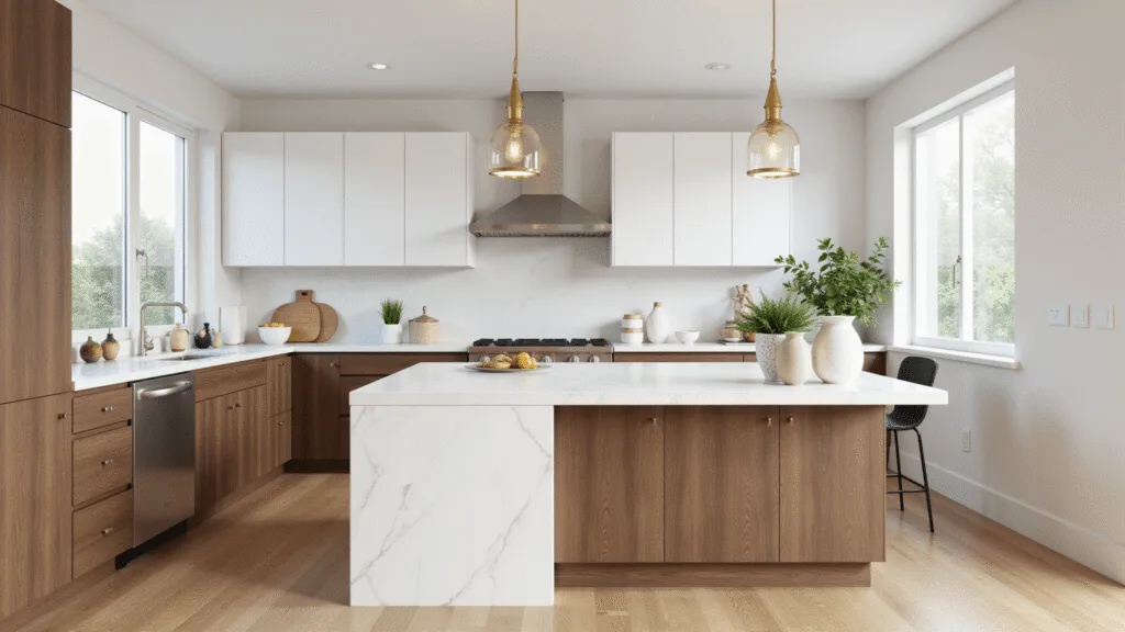 "Modern white and walnut kitchen with brass pendant lights, stainless steel appliances, white quartz island, and fresh potted herbs on oak flooring"