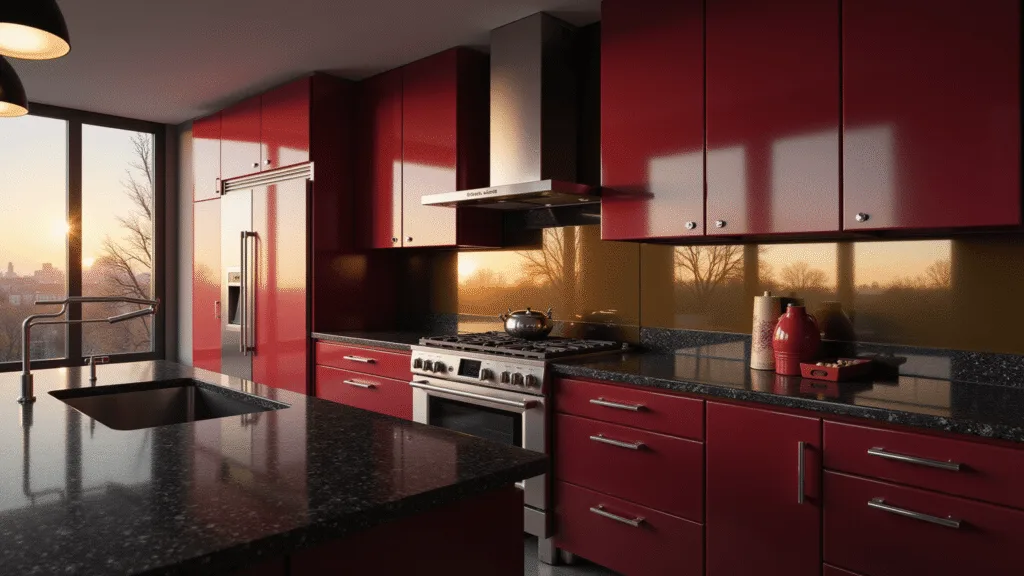 "Modern luxury kitchen with wine-red cabinets, black granite countertops, stainless steel appliances, and natural sunset light reflecting off mirrored backsplash."