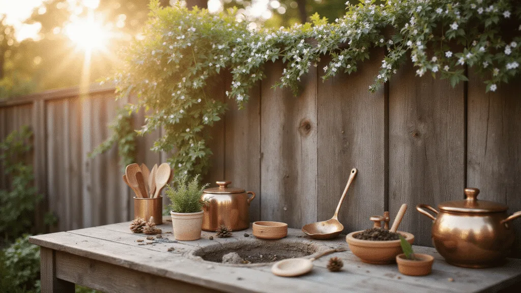 "Vintage outdoor mud kitchen with rustic wooden counters, copper pots, and herb planters in golden sunlight."