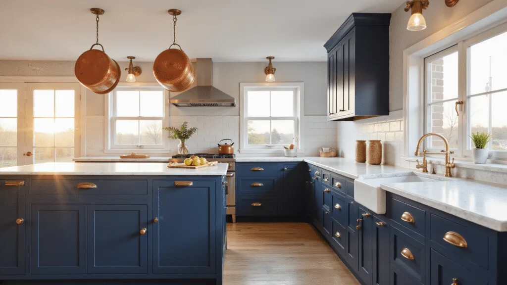 "Transitional kitchen with navy blue cabinets, brass hardware, and marble countertops illuminated by natural sunlight"