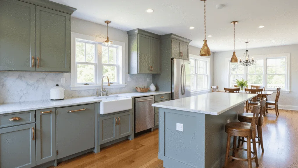 "Pewter green kitchen cabinets with marble countertops, brass hardware, bathed in natural light from windows, set against warm oak floors in a clean, modern farmhouse style"