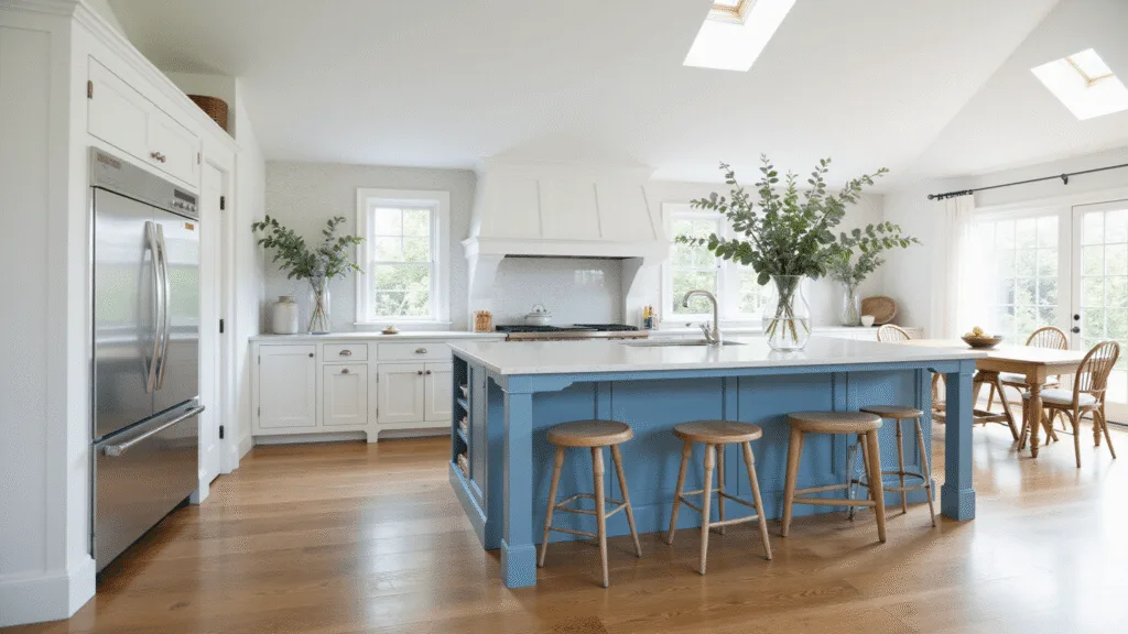 "Bright coastal kitchen with powder blue cabinets, white quartz countertops, weathered oak flooring, eucalyptus in vases, vintage barstools, and a vaulted ceiling bathed in natural light"