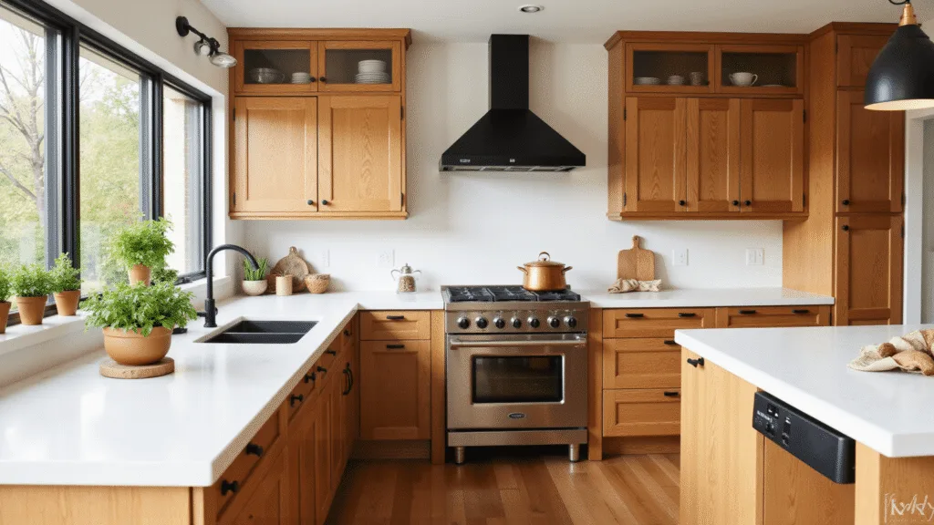 "Sunlit oak kitchen with white quartz countertops, copper cookware, fresh potted herbs, black hardware, pendant lights, artisanal ceramics, and linen textiles"