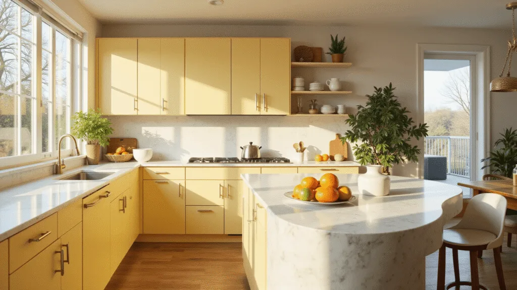 "Sunny modern kitchen with yellow shaker cabinets, white marble countertops, fresh citrus fruits, ivy plants and oak flooring"