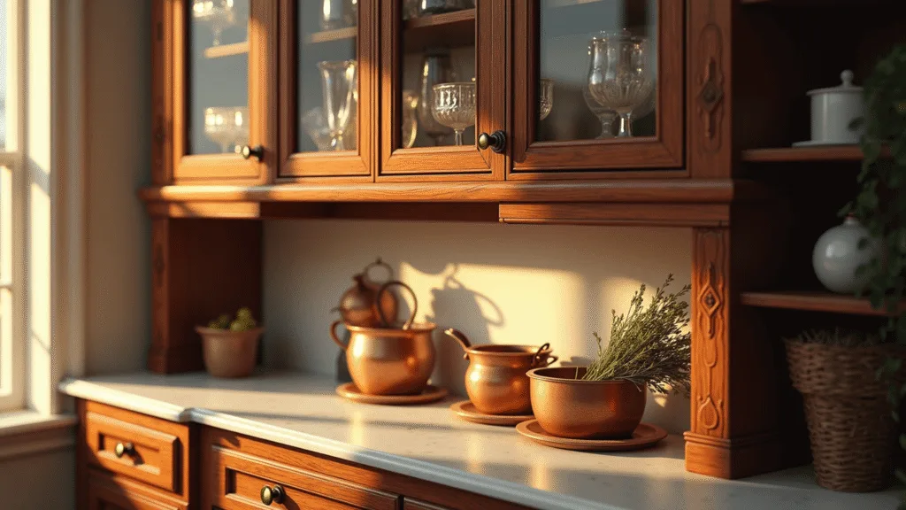 "Victorian mahogany kitchen cabinet with ornate glass doors in golden sunlight, displaying vintage crystal and china"