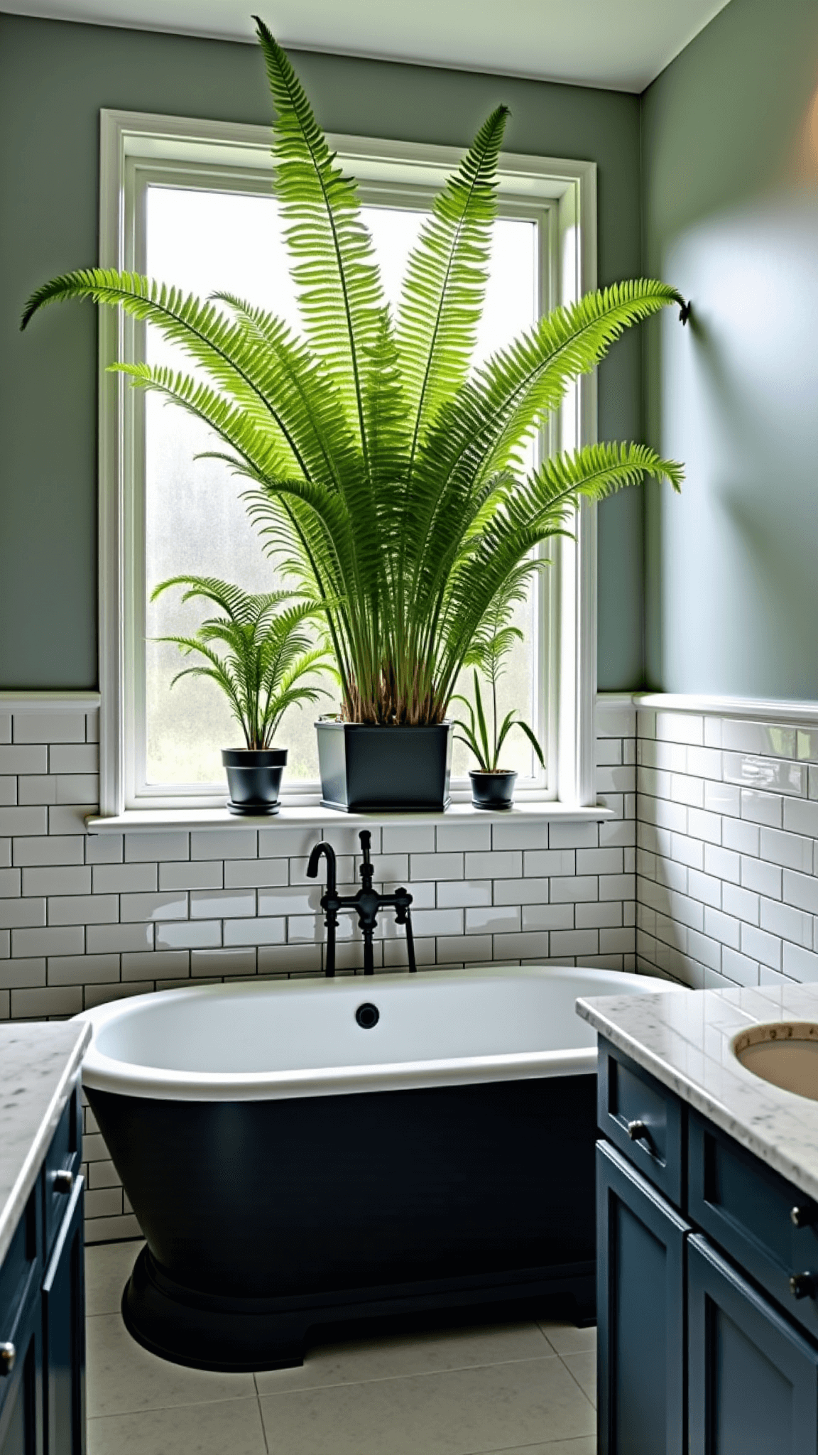 Serene bathroom with subway-tiled walls, freestanding tub, a massive Boston Fern, and matte black fixtures illuminated by morning light through a frosted window.