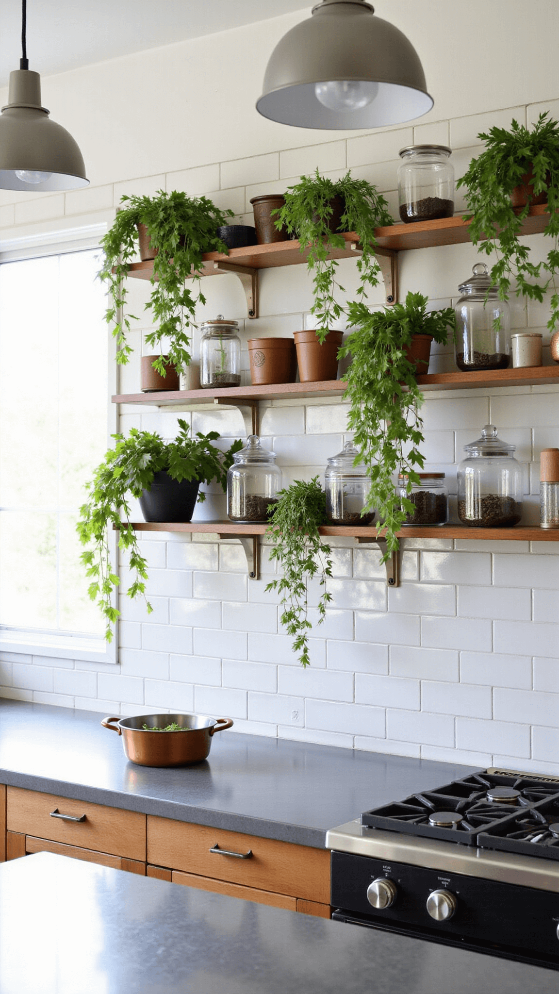Bright and airy kitchen with floating shelves, hanging herb gardens, copper cookware, concrete countertops, glass terrariums and ceramic planters, with steam from a kettle adding depth to the scene.