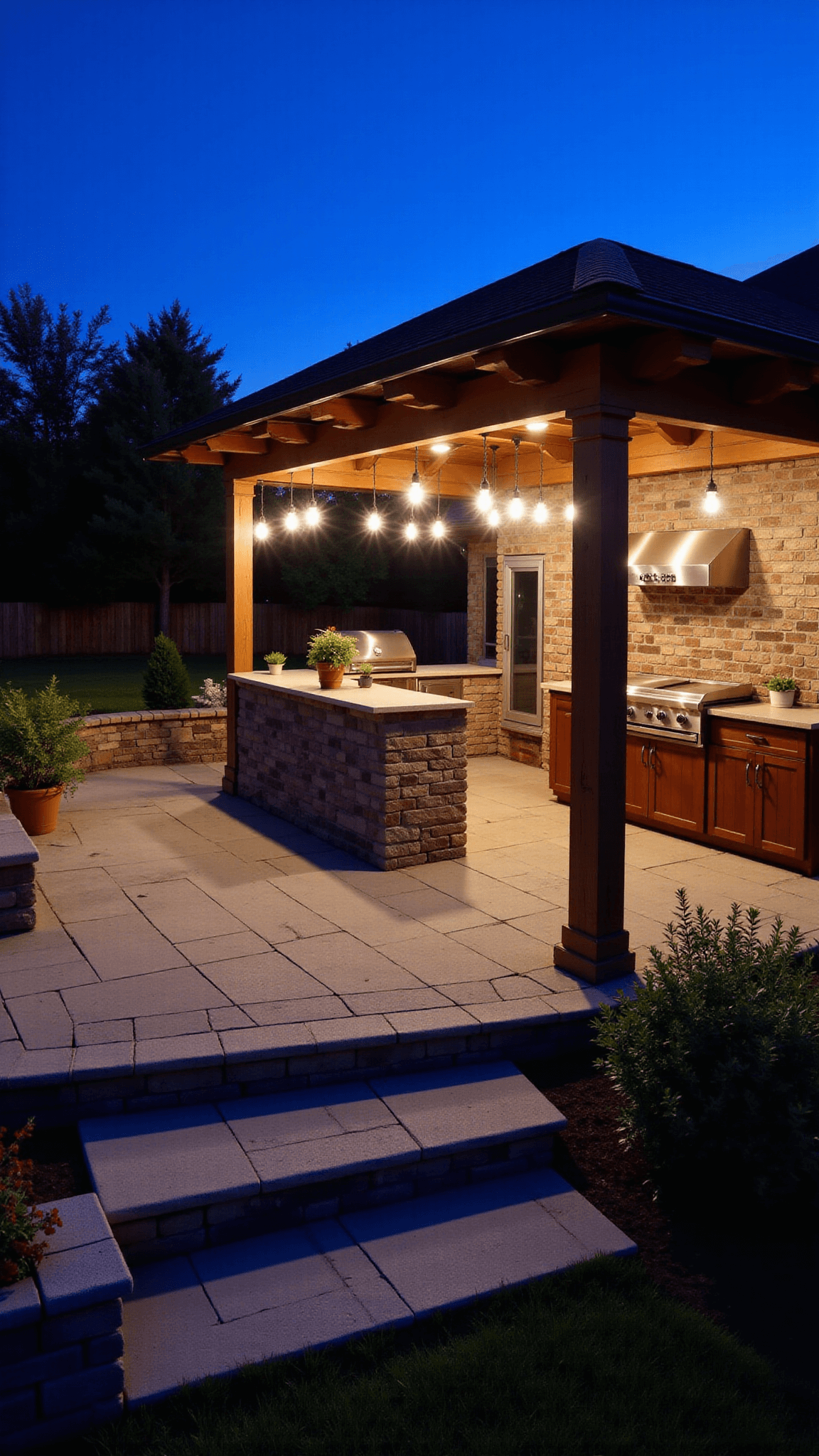 Elevated view of a large backyard with ambient, task, and accent lighting captured during blue hour.