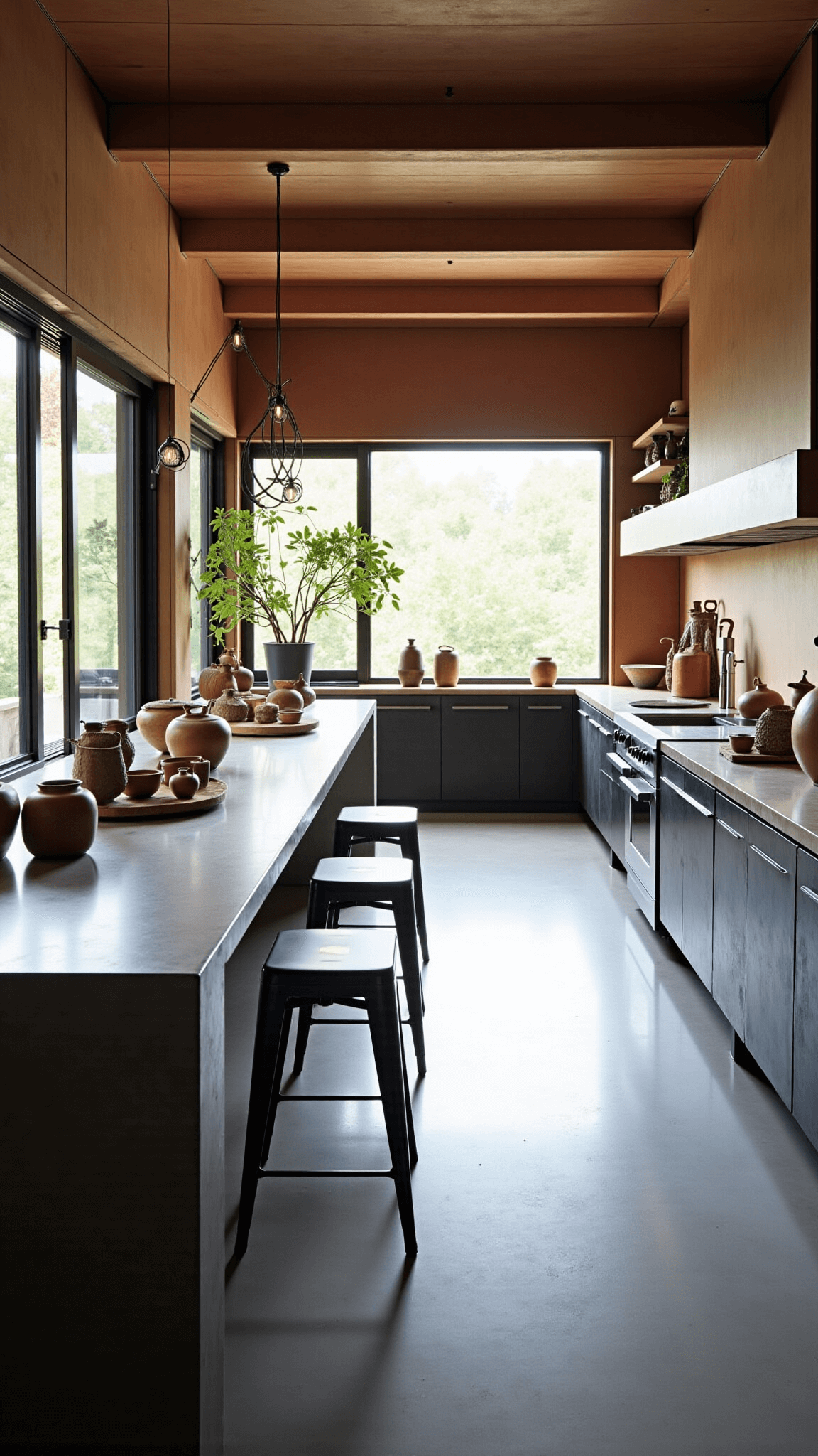 Aerial view of a 20x24ft modern, industrial wabi-sabi kitchen with polished concrete floors, rough stone countertops, steel-framed windows, handmade ceramics, copper pots with verdigris patination, and charred wood cabinets.