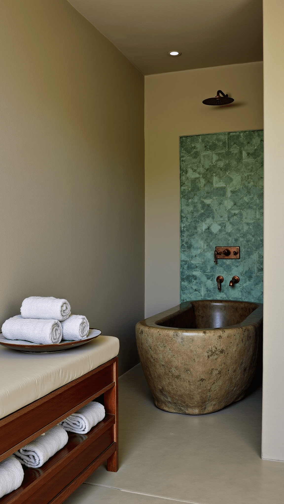 Twilight view of a 15x15ft meditative bathroom with lime plaster walls, a soaking tub made from a boulder, patinated copper fixtures, green handmade tiles in the shower, and weathered teak furniture holding linen towels.