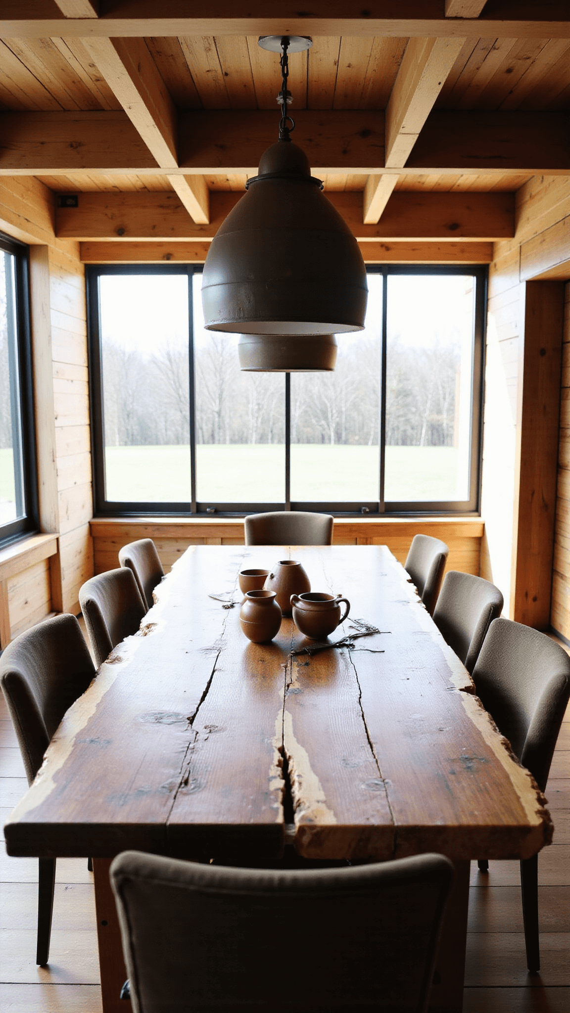 Morning lit 18x22ft dining space with a live-edge walnut table, aged chairs, handmade pottery and oxidized metal pendants, with exposed beams on the ceiling, viewed from above.