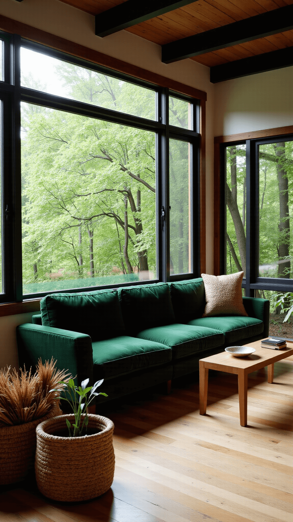 Cozy forest-inspired retreat with floor-to-ceiling windows, deep green velvet sectional, oak flooring, handwoven baskets with pampas grass, with moody afternoon lighting highlighting botanical elements.