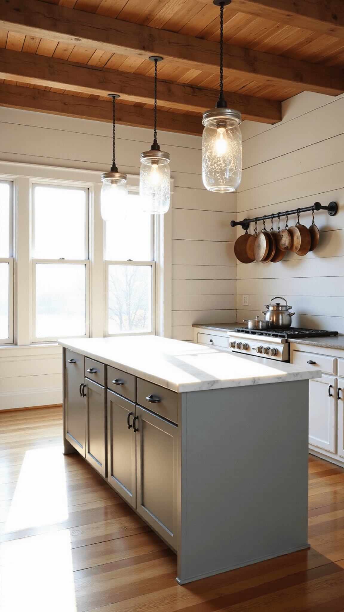 Sunny farmhouse kitchen with mason jar pendant lights over marble island, copper pots on wrought-iron rack, and shiplap walls illuminated by golden hour light.