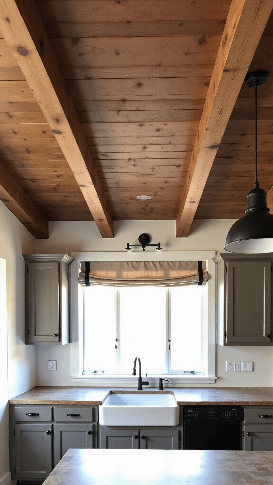 Open-concept kitchen with wooden beam ceiling, iron-framed pendant lights, floor-to-ceiling windows, weathered oak cabinets, farmhouse sink, and natural linen cafe curtains in morning light