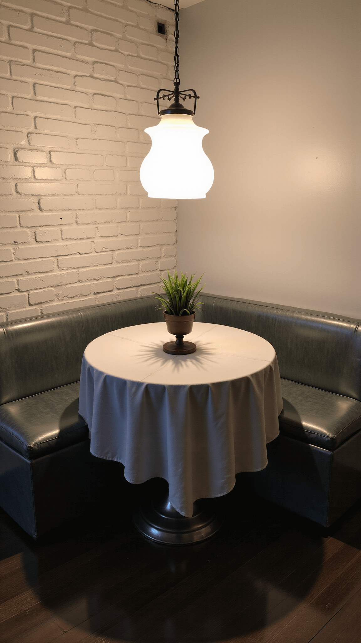 Vintage-inspired milk glass chandelier illuminating a cozy 10x12ft breakfast nook with soft 2700K lighting, a round linen-covered pedestal table, and galvanized metal accents against whitewashed brick walls