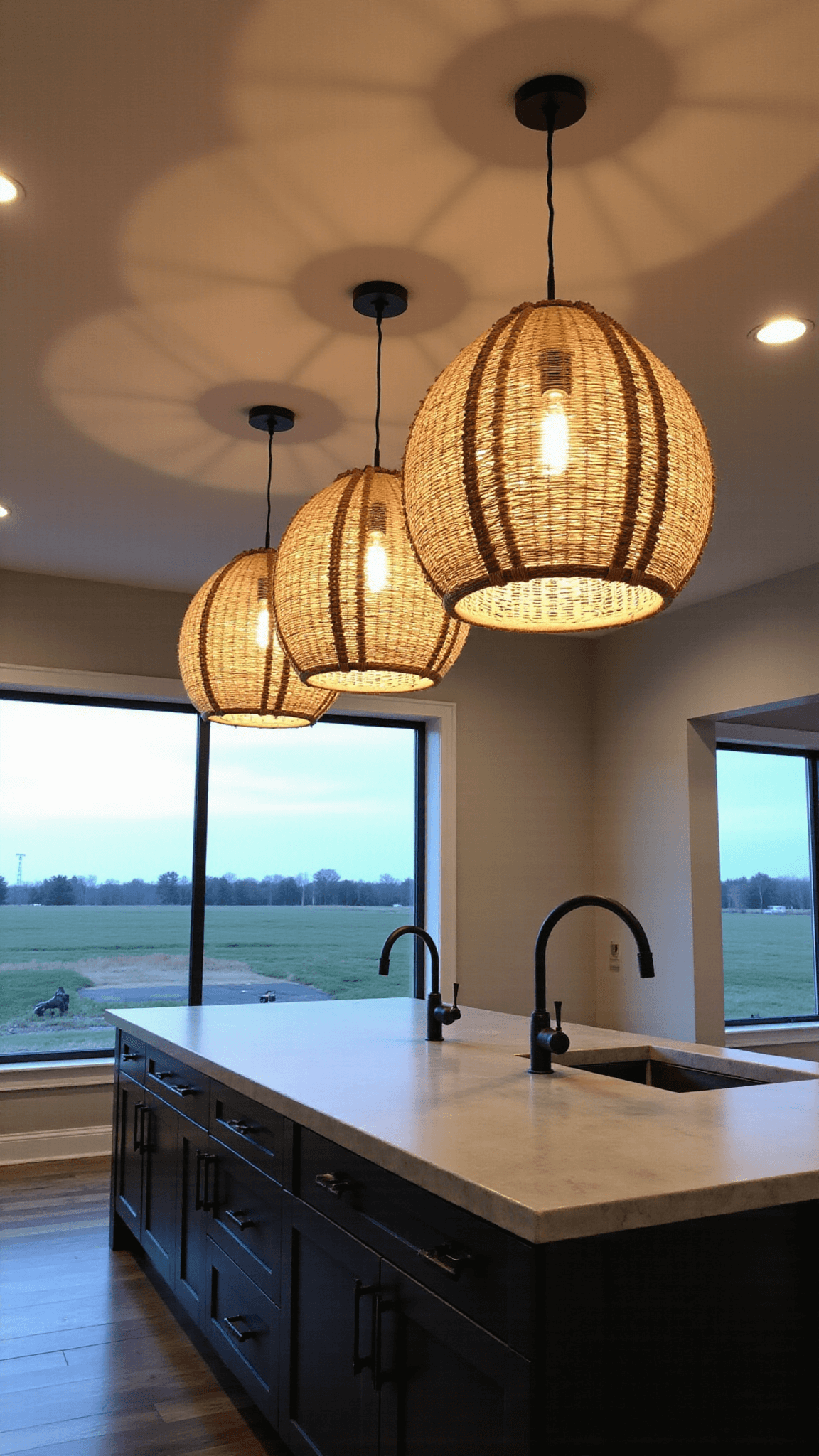 Dramatic low angle view of a modern farmhouse kitchen with oversized woven pendant lights over a concrete island, black metal hardware, and a coffered ceiling painted in Sherwin Williams 'Alabaster', at dusk.
