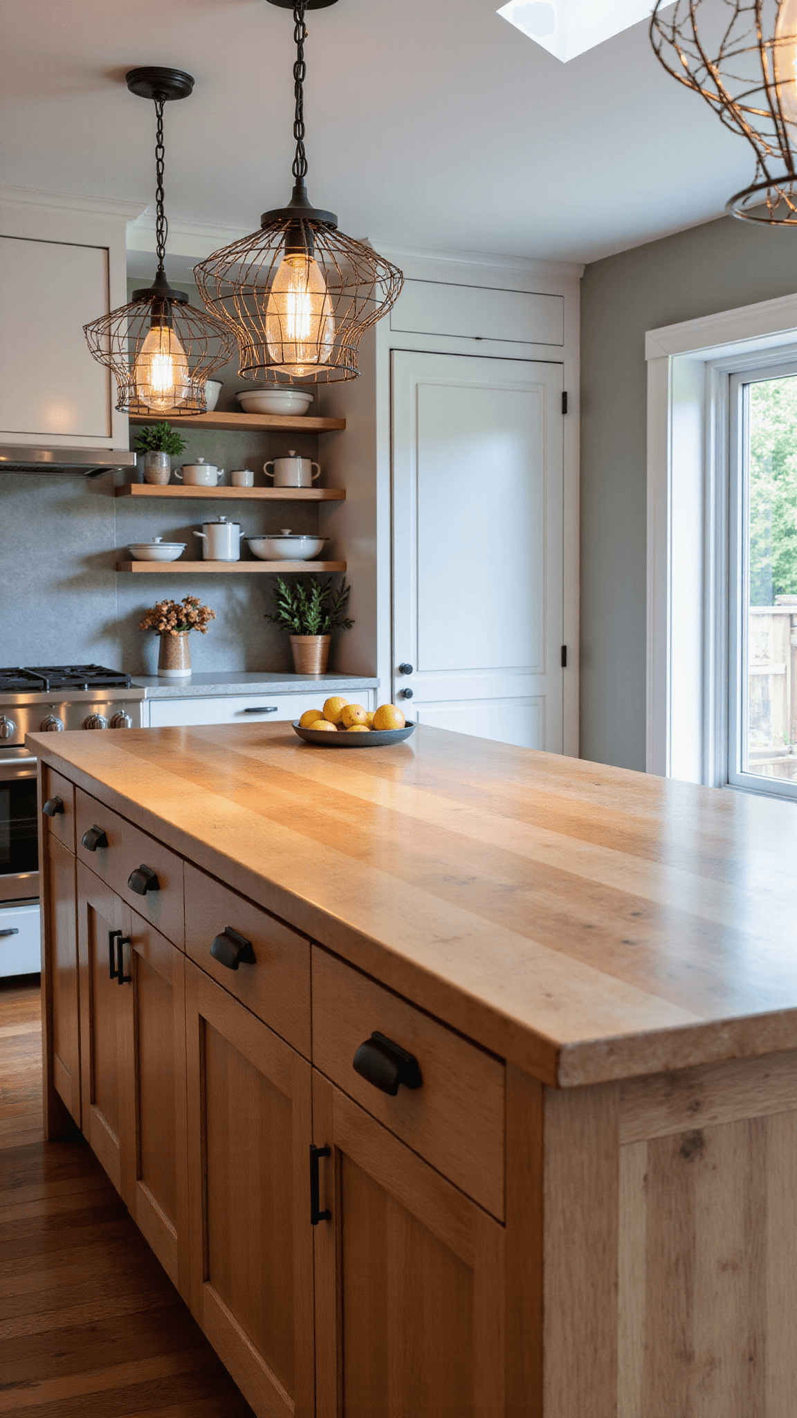Mid-morning shot of a 6x4ft kitchen island under iron cage pendants, showcasing a butcher block surface, vintage enamelware, and textured contrasts caught by a macro lens at f/1.8.