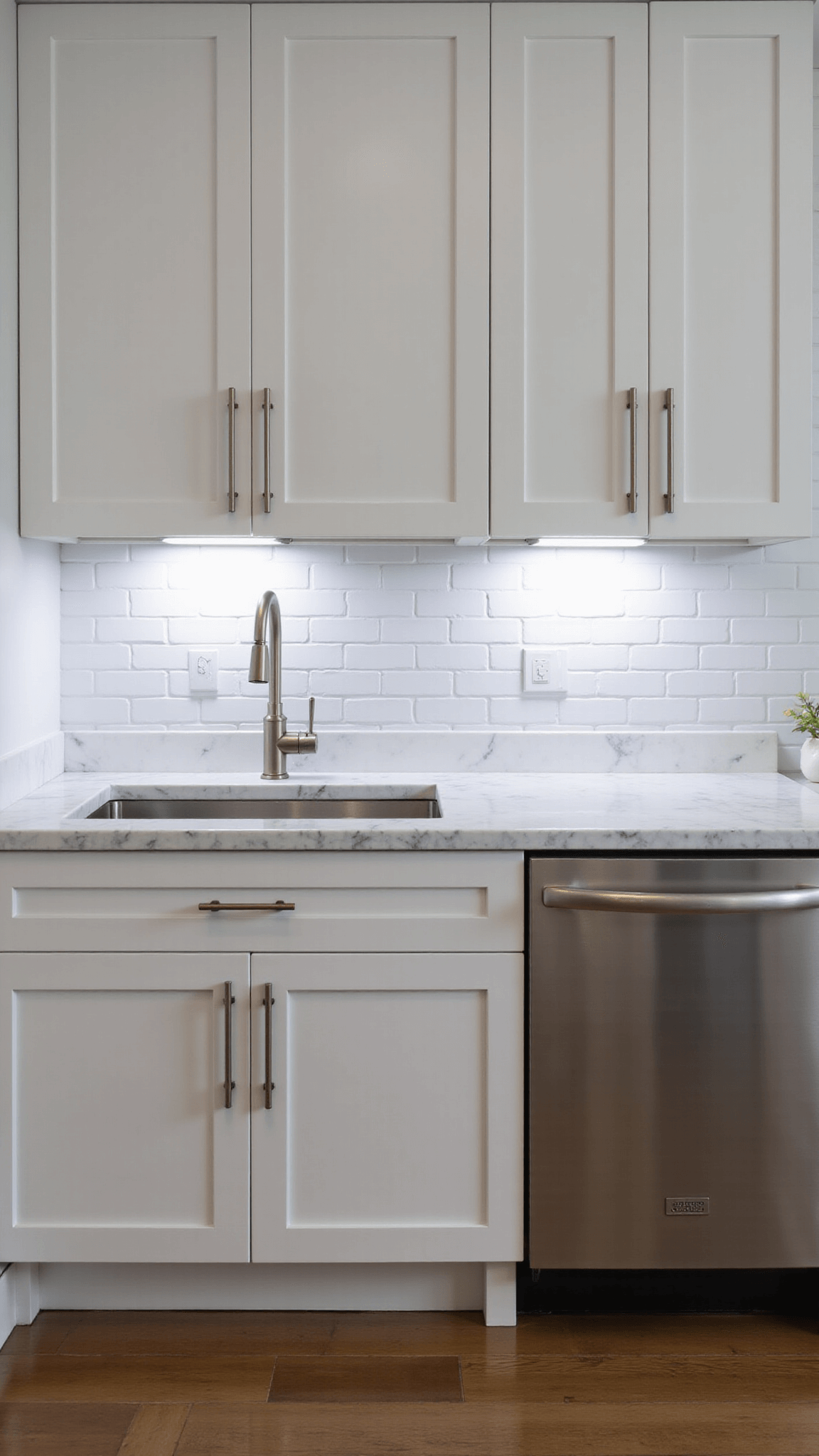 Cool-toned morning light in a modern kitchen with LED under-cabinet lighting, Carrara marble countertops, subway-tiled backsplash, industrial-style sconces, and brushed nickel hardware, shot at standing height emphasizing symmetry and layered lighting design.