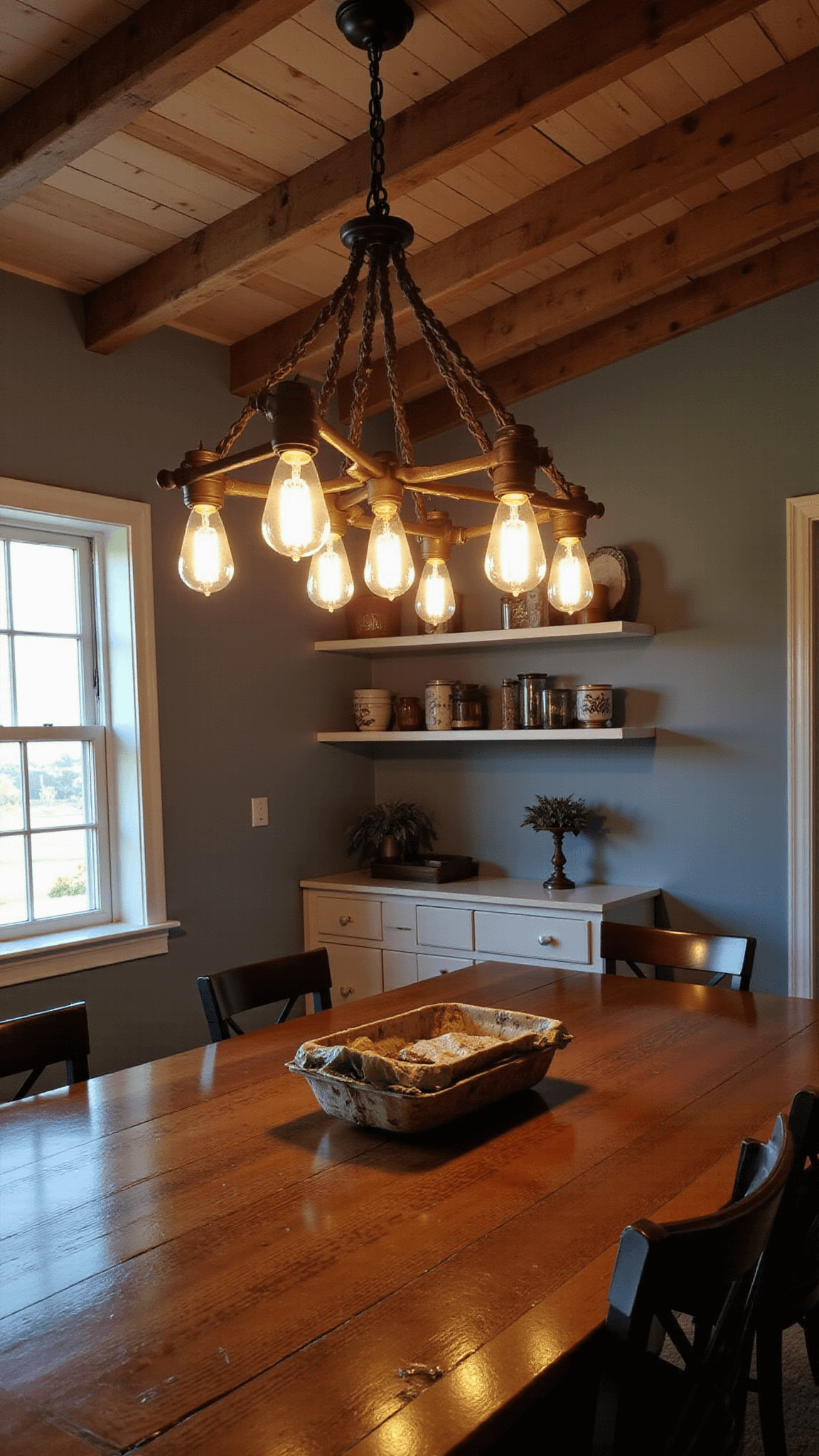 Chandelier above antique table in a cozy, dimly lit 12x14ft kitchen with copper accent lights, wooden tones, and Classic Gray walls.