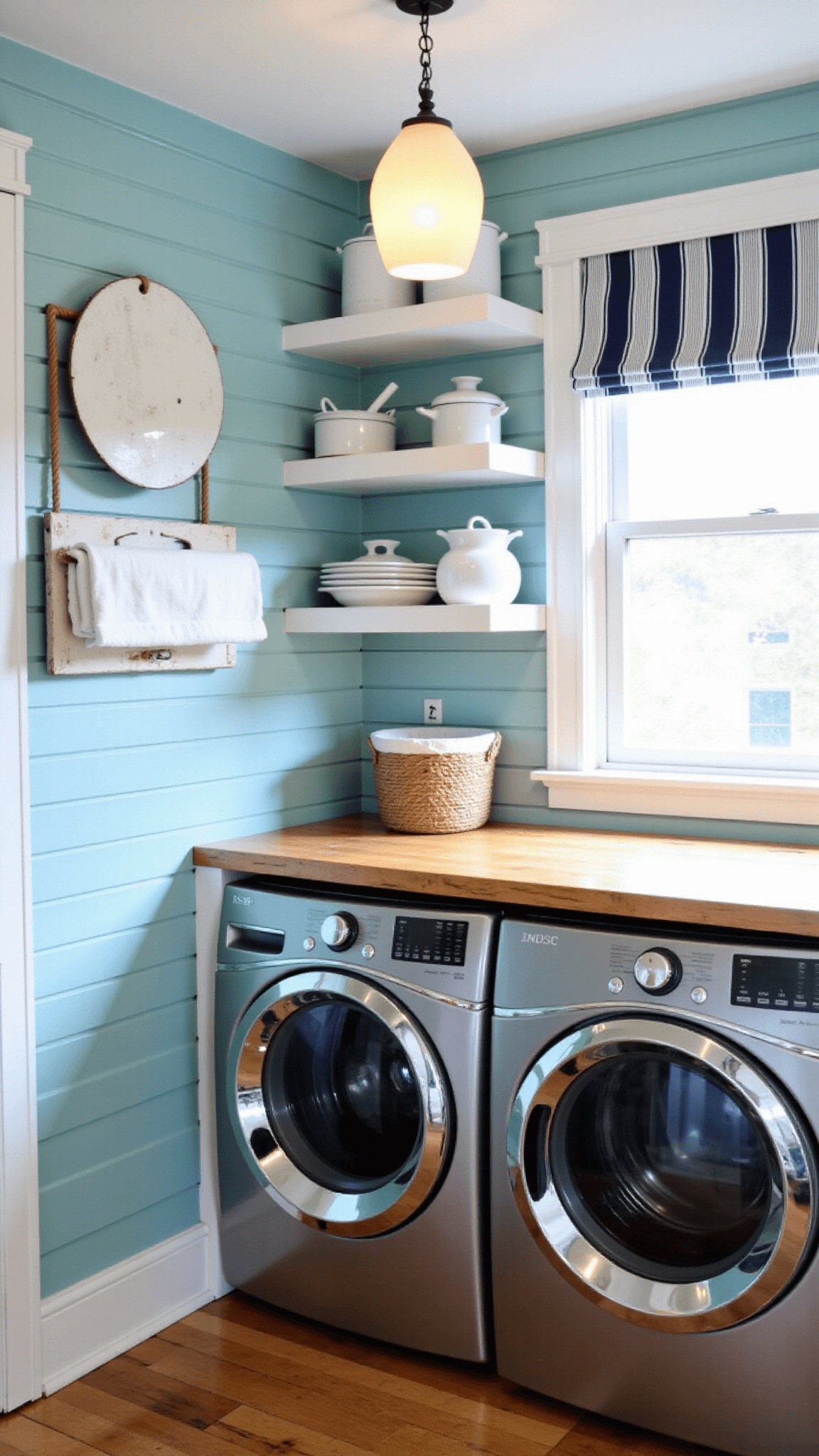 Coastal cottage laundry room with sea glass blue walls and white trim, featuring front-loading machines under a butcher block counter, open shelving with enamelware and baskets, a shell pendant light, navy and white striped roman shade, and a repurposed oar drying rack.