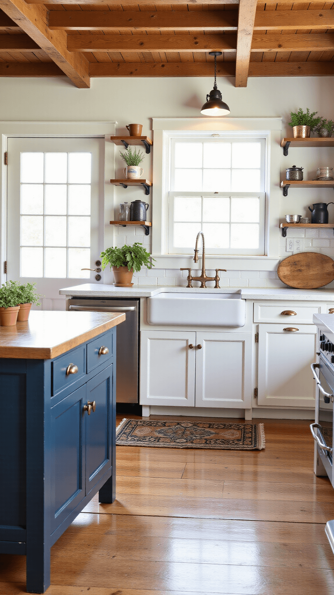 Vintage-style farmhouse kitchen bathed in morning light featuring white Shaker cabinets, farmhouse sink, slate blue island, and exposed ceiling beams.