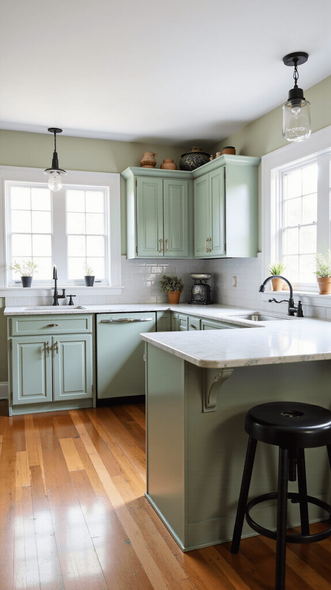 Sun-drenched farmhouse kitchen with sage green cabinets, marble counters, hardwood floors, and contemporary decor featuring fresh flowers and vintage scales.