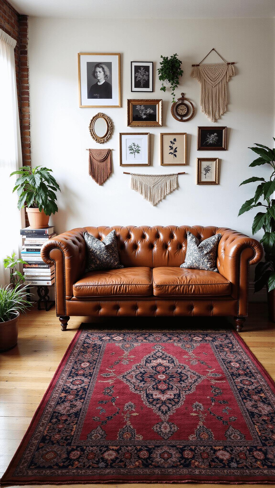 Bohemian living space with exposed brick wall, vintage leather sofa, gallery wall, Persian rug, houseplants, and morning light filtering through sheer curtains.