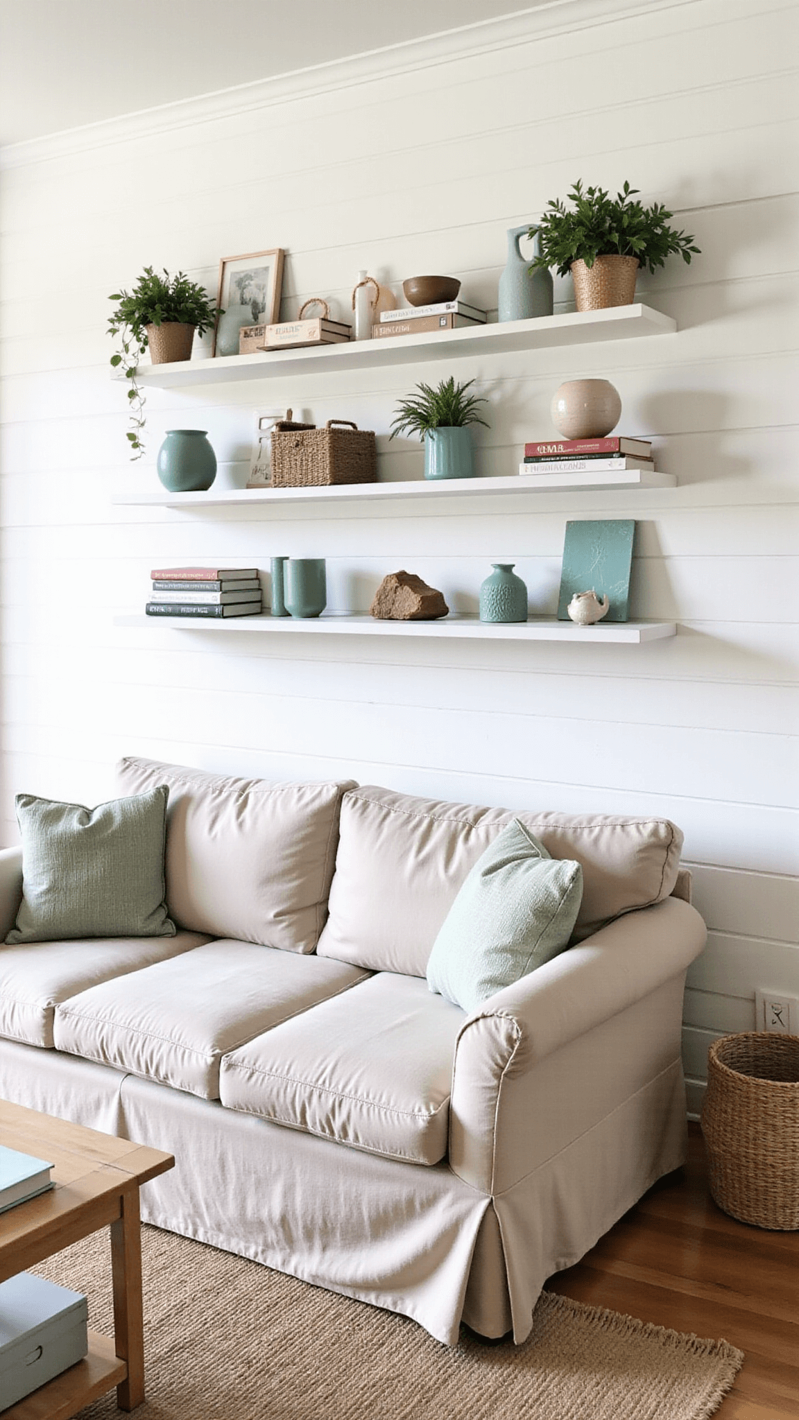 Bright, airy coastal-inspired living room with white shiplap walls, beige linen sofa, floating shelves, beach decor, and natural woven elements, perfectly lit by mid-morning sunlight.