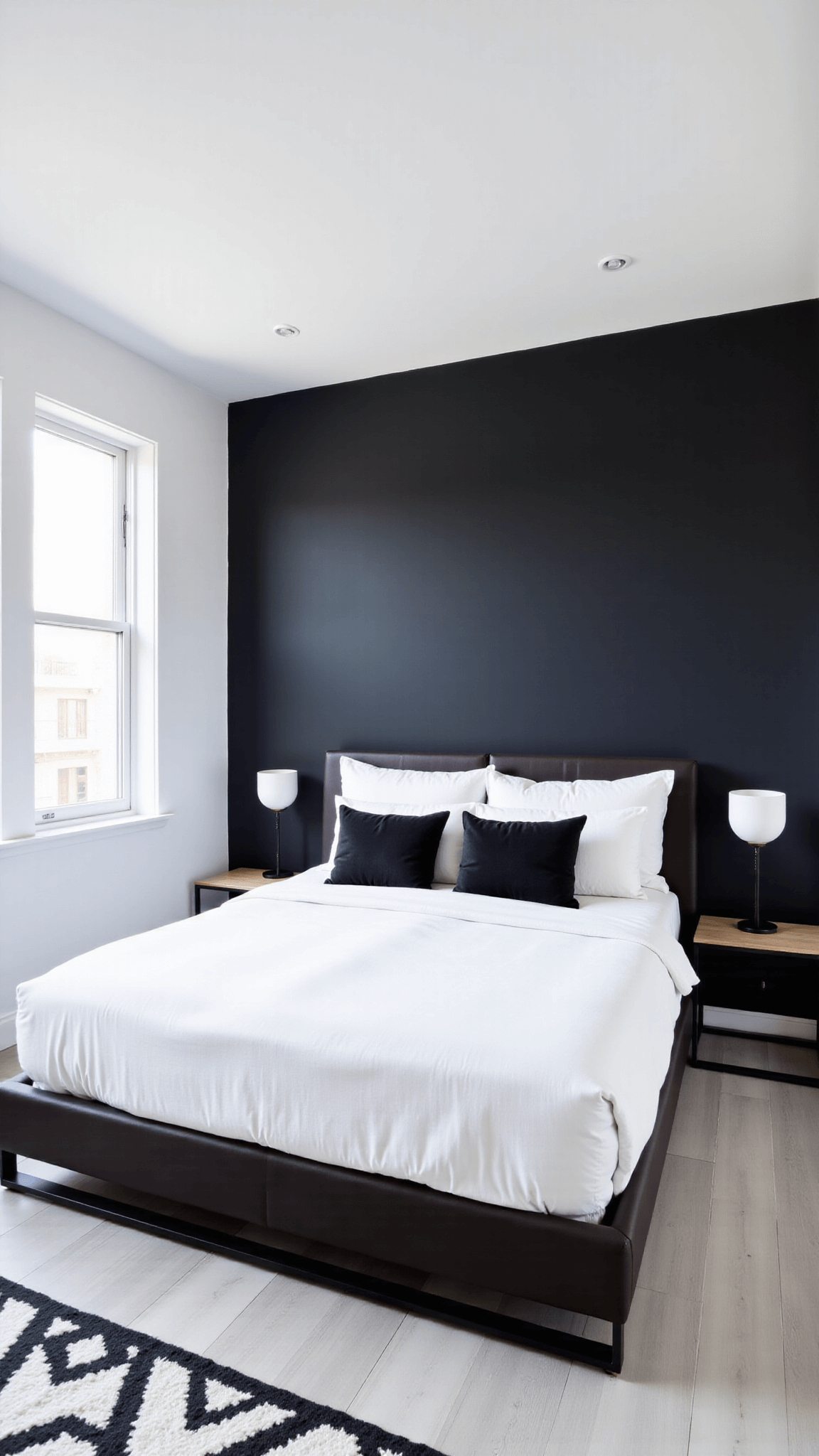 Modern minimalist bedroom with king-size platform bed, floor-to-ceiling windows, and contrasting black and white decor