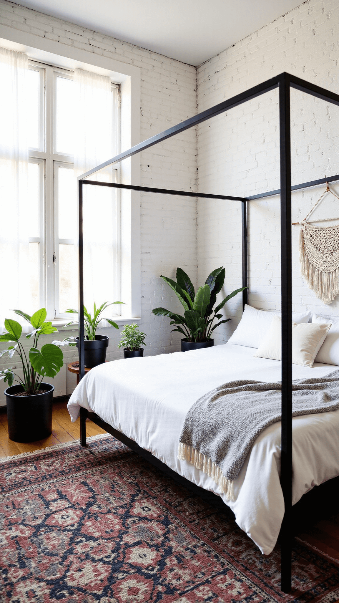 Loft-style bedroom with white brick walls, black iron canopy bed, vintage Moroccan rugs, and plants in black planters, bathed in golden hour light