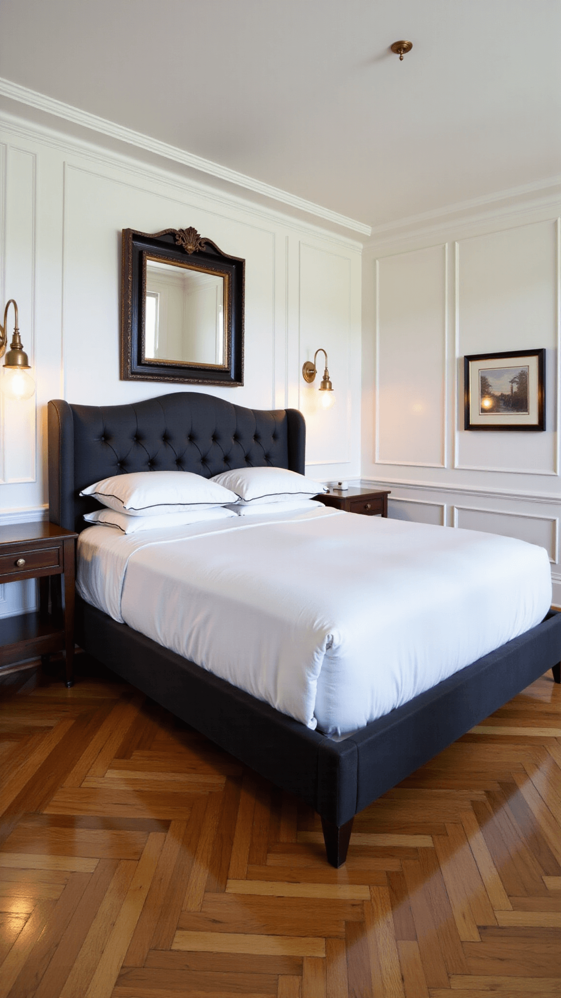 Classic elegance master suite with king-size bed, brass pendant lights, herringbone hardwood floors and antique mirror reflecting early evening light