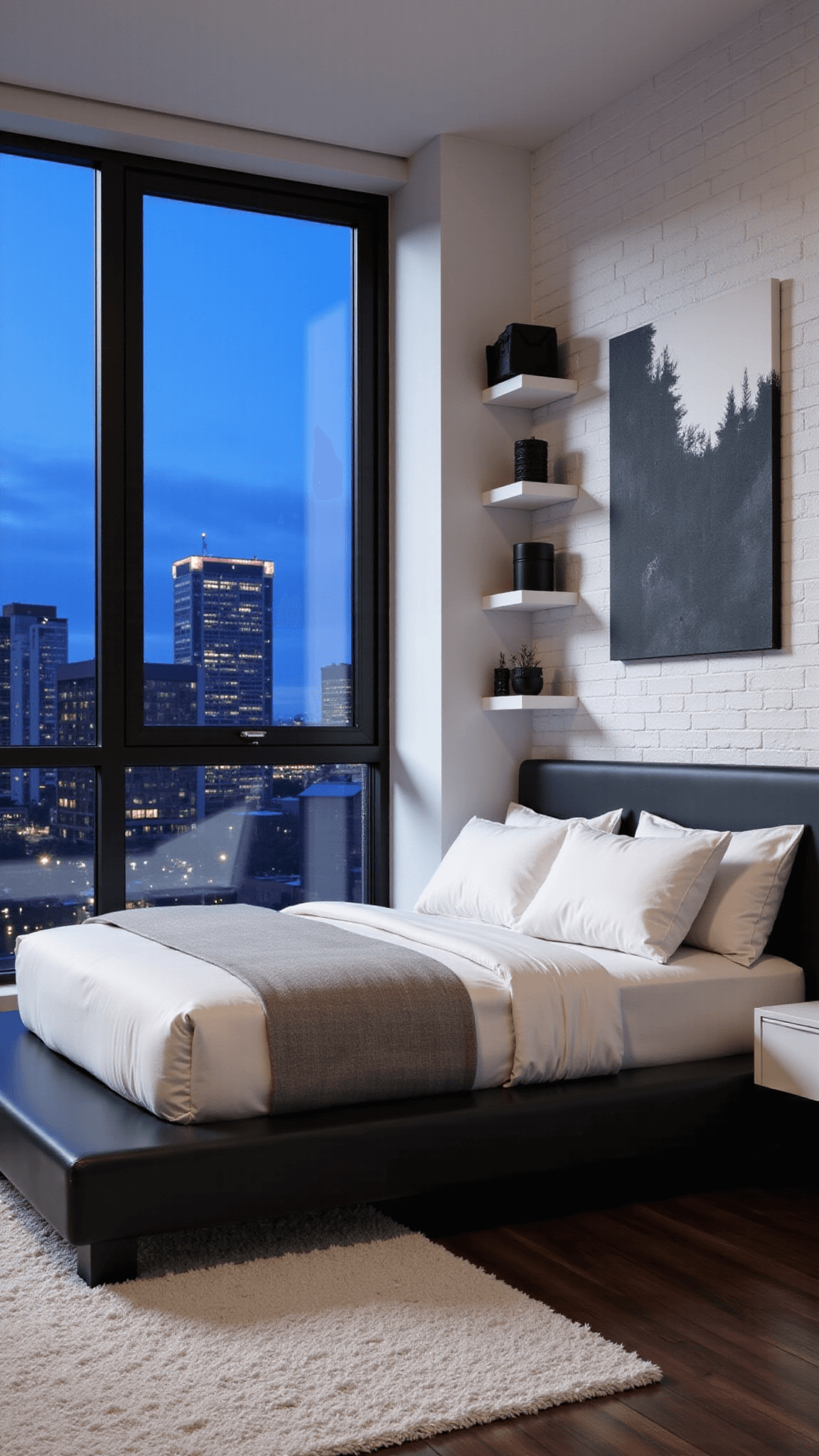 Compact urban bedroom with queen black bed against white brick wall, black and white canvas art, floating white shelves with black accessories, and floor-to-ceiling windows showcasing city lights during twilight.