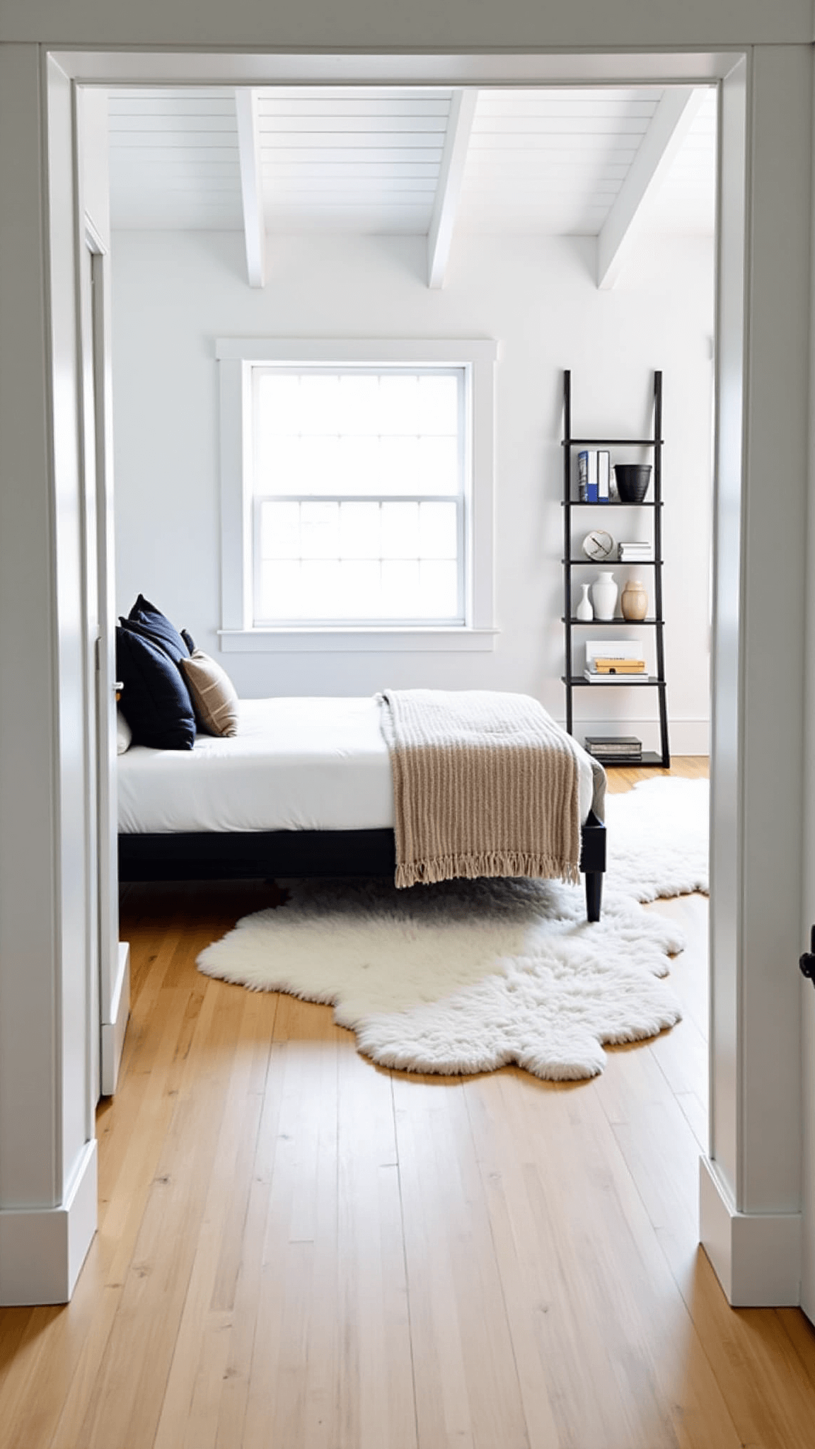Scandinavian-style 14x16ft bedroom with white wooden beams, white bed with black pillows, black ladder shelf, and sheepskin rugs on light wood floors in morning light.