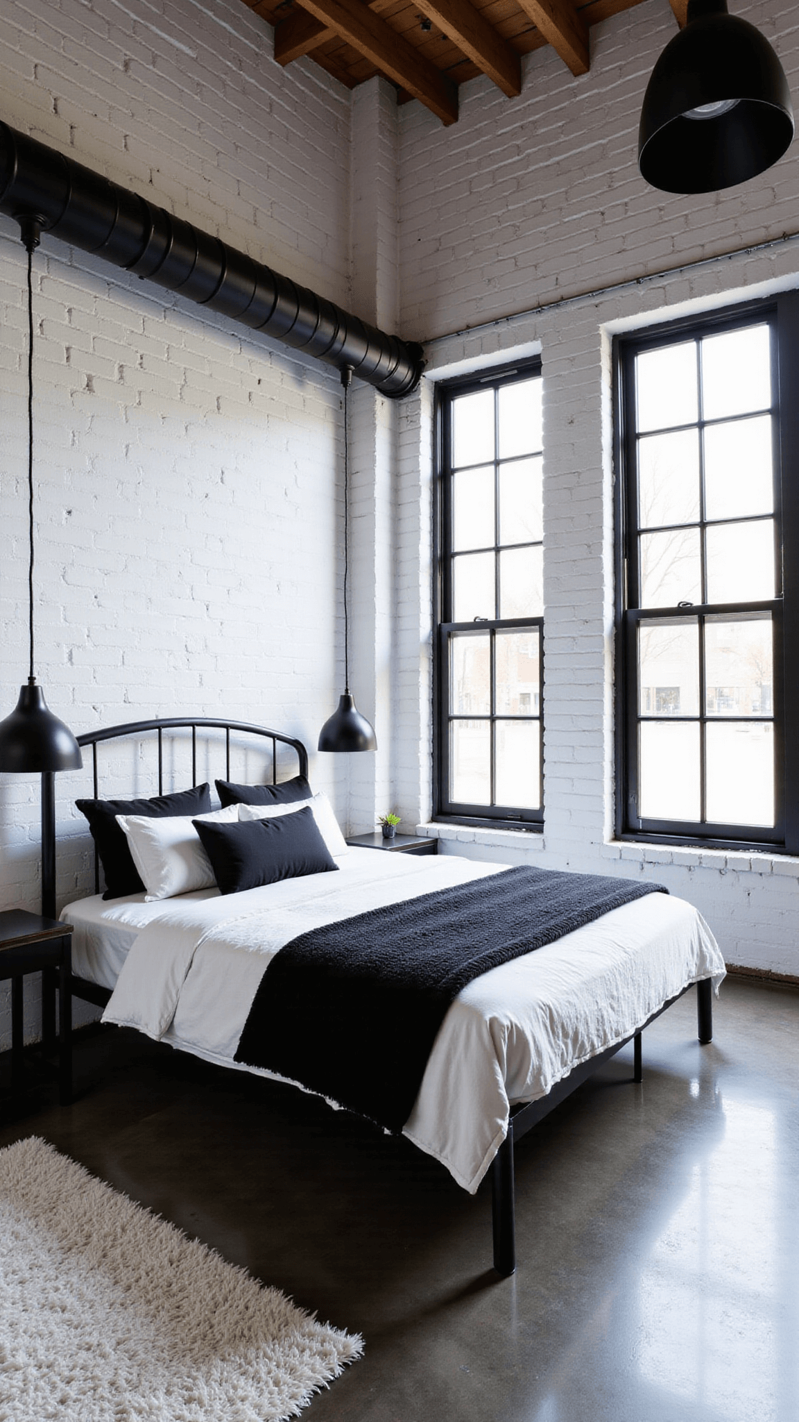Industrial chic loft bedroom featuring black exposed ductwork, white-painted brick walls, metal bed frame with black and white bedding, oversized black-framed windows, concrete floors with white shag rug, and matte black pendant lights