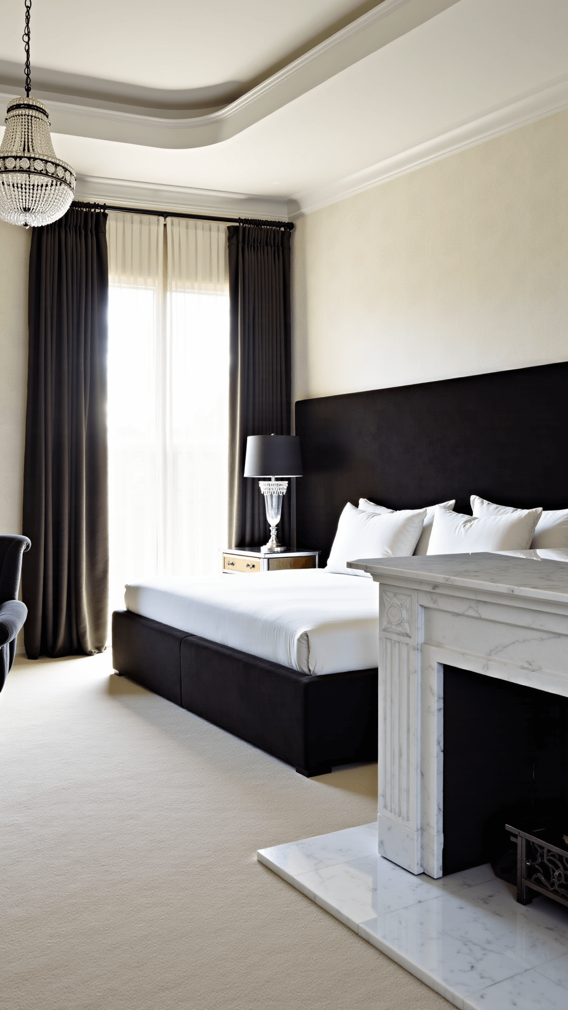 Luxurious monochrome master bedroom with tray ceiling, crystal chandelier, black velvet headboard, and white marble fireplace, bathed in golden hour glow through floor-length drapes.