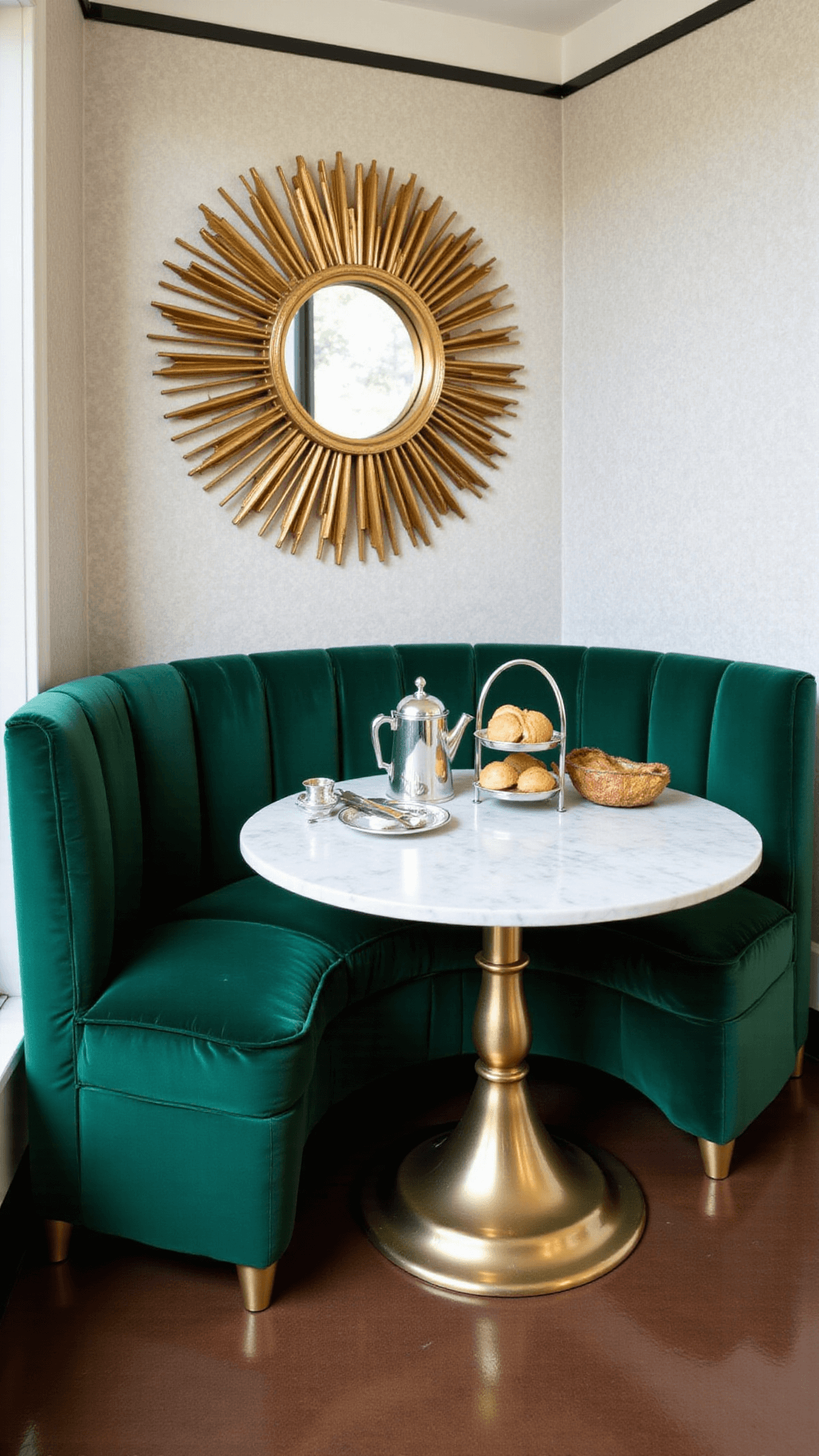 Art Deco styled breakfast nook featuring emerald velvet banquette, circular marble table with brass base, sunburst mirror reflecting natural light, geometric wallpaper in silver and cream, silver coffee service and pastries.
