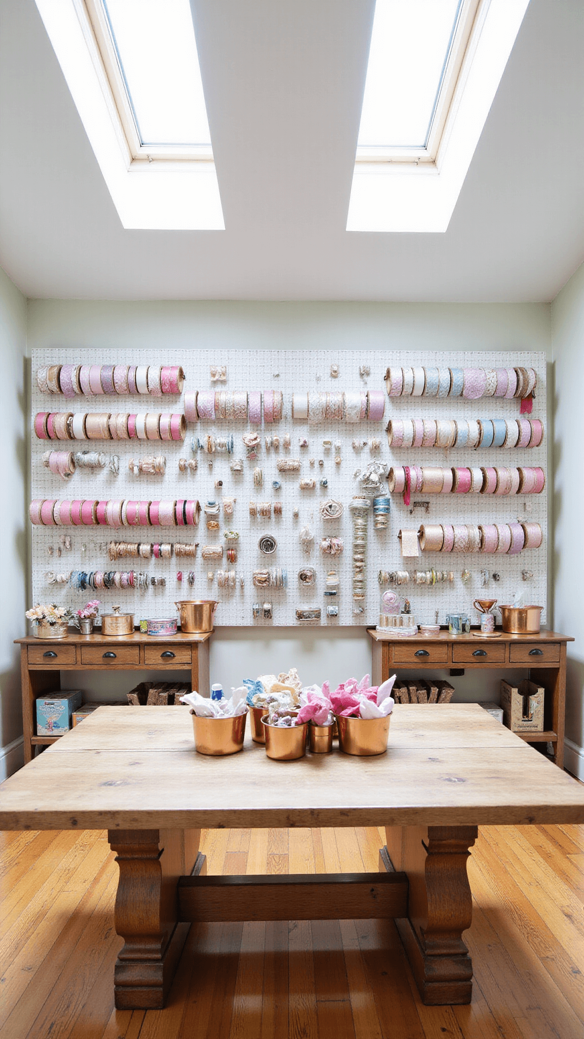 Overhead view of a bright 14x16ft craft room with handmade Mother's Day cards on a farmhouse table, crafting supplies in copper containers, and ombré pink ribbon spools on pegboard walls, beautifully lit by morning sunlight through skylights.