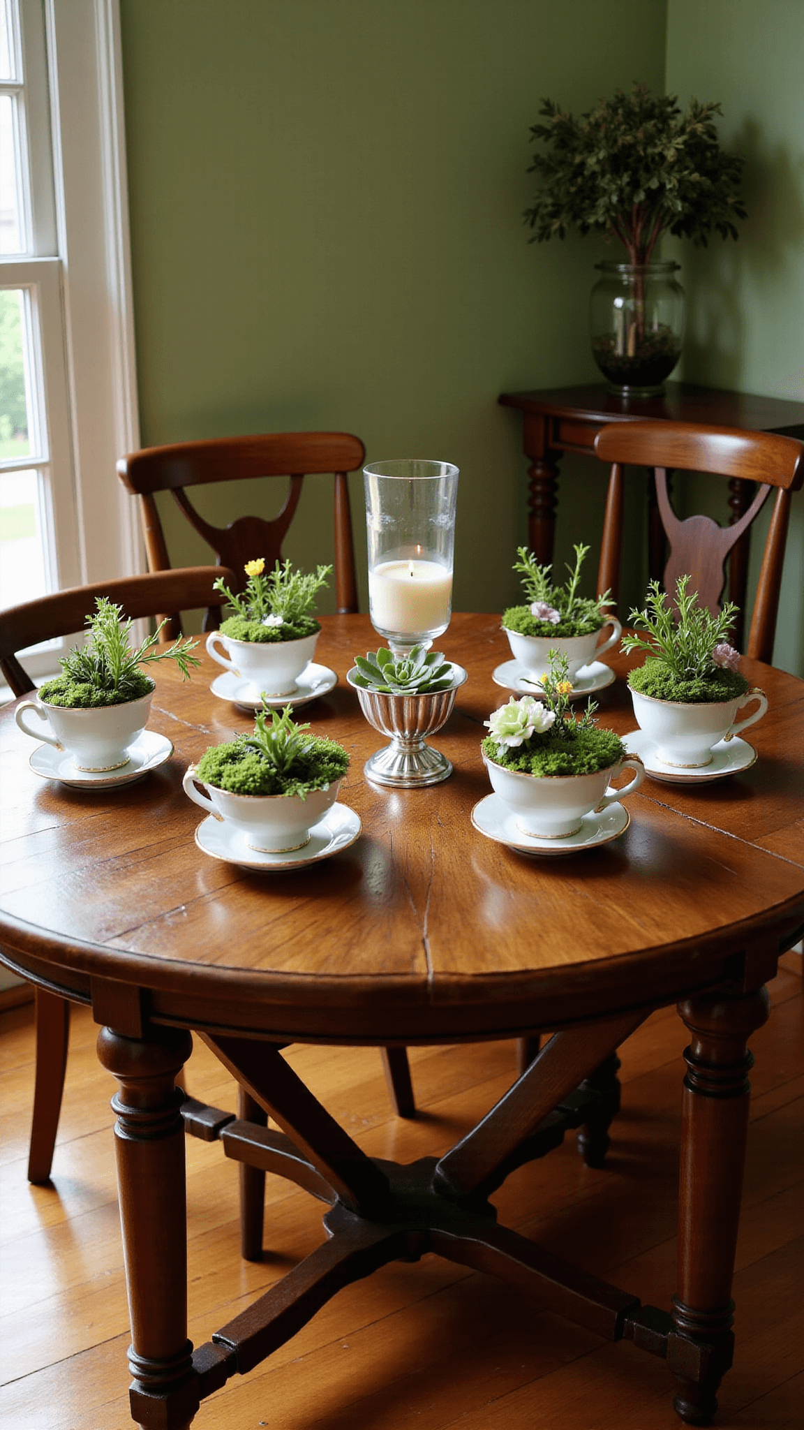 Overhead view of a vintage-style 10x12ft dining space with sage green walls, hardwood floors, an oak table adorned with antique teacups turned into miniature fairy gardens, interspersed with mercury glass votives in soft golden hour lighting.