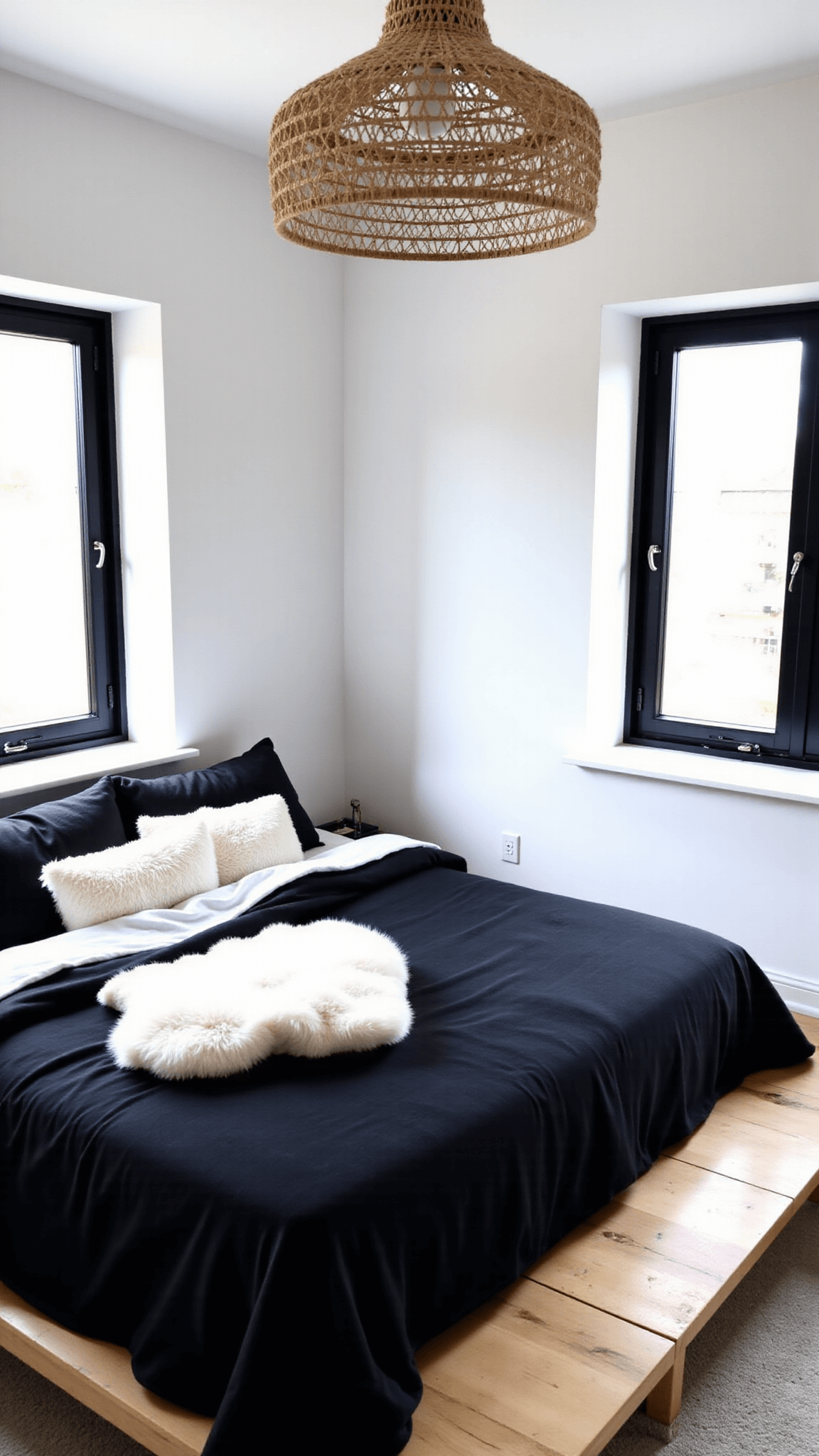 Minimalistic Scandinavian monochrome bedroom lit by morning sunlight, featuring a white oak bed with black linen bedding, woven pendant light, black window frames, sheepskin throws and textured cushions.