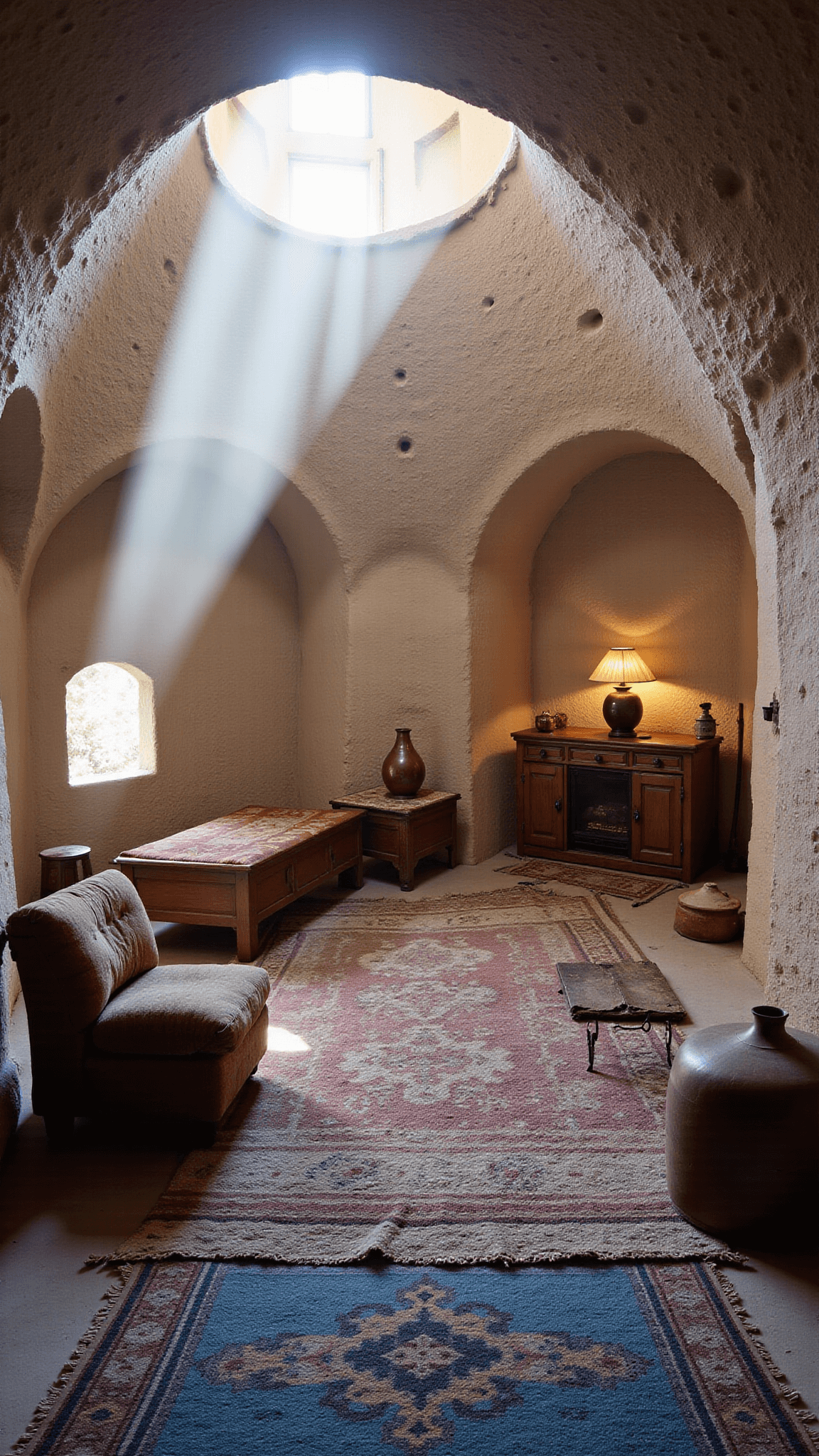 Dawn inside a Cappadocia rock house with hand-carved 15ft domed ceiling, whitewashed stone walls bathed in soft sunlight from irregular windows, Turkish kilims, rustic furniture and copper vessels, shot with f/4 for dreamy atmosphere.