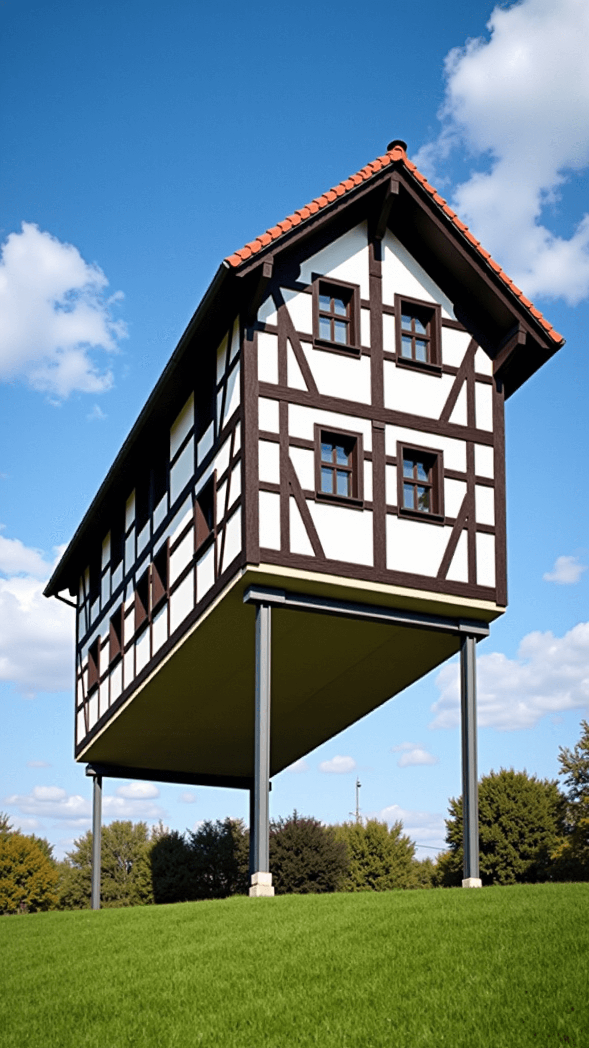 Inverted traditional German house with white stucco walls, dark timber framing, and red tile roof on steel supports against a mid-morning sky, shot from a ground level with a wide 16mm lens